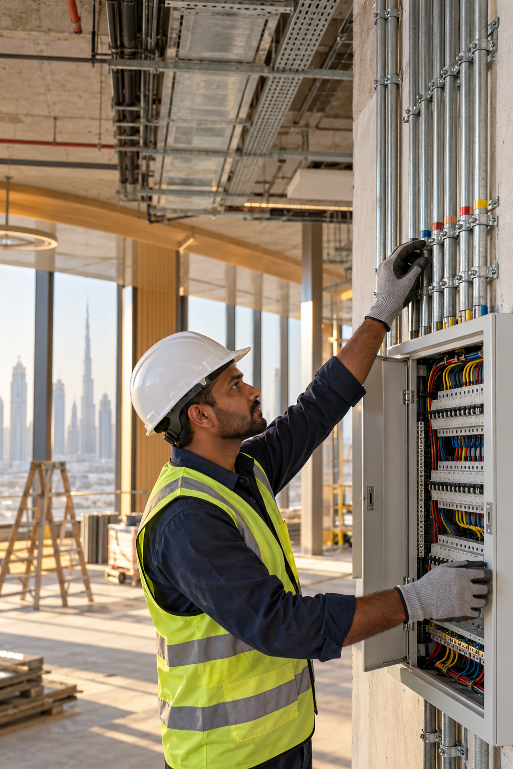 Electrician working on a Dubai building fit-out