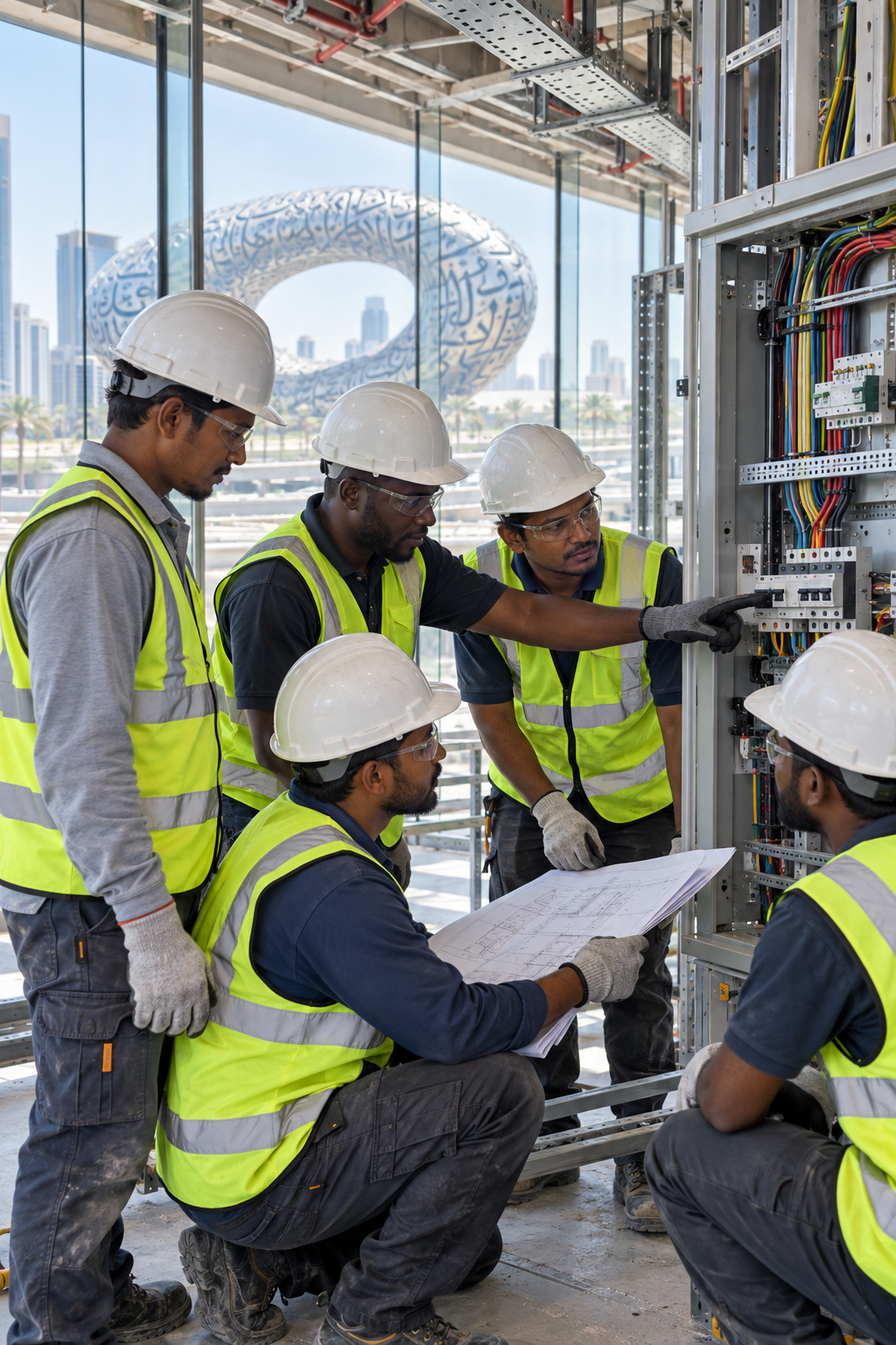 Electrical team checking a panel in a Dubai fit-out site