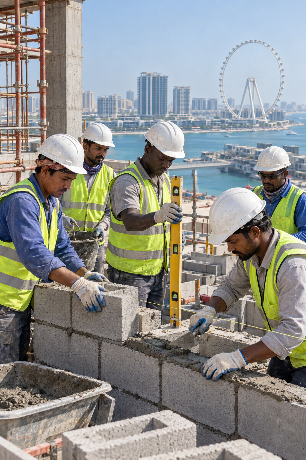 Masonry team building blocks on a Dubai site