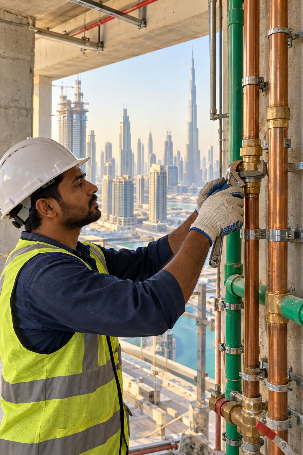 Plumber working on a Dubai high-rise installation