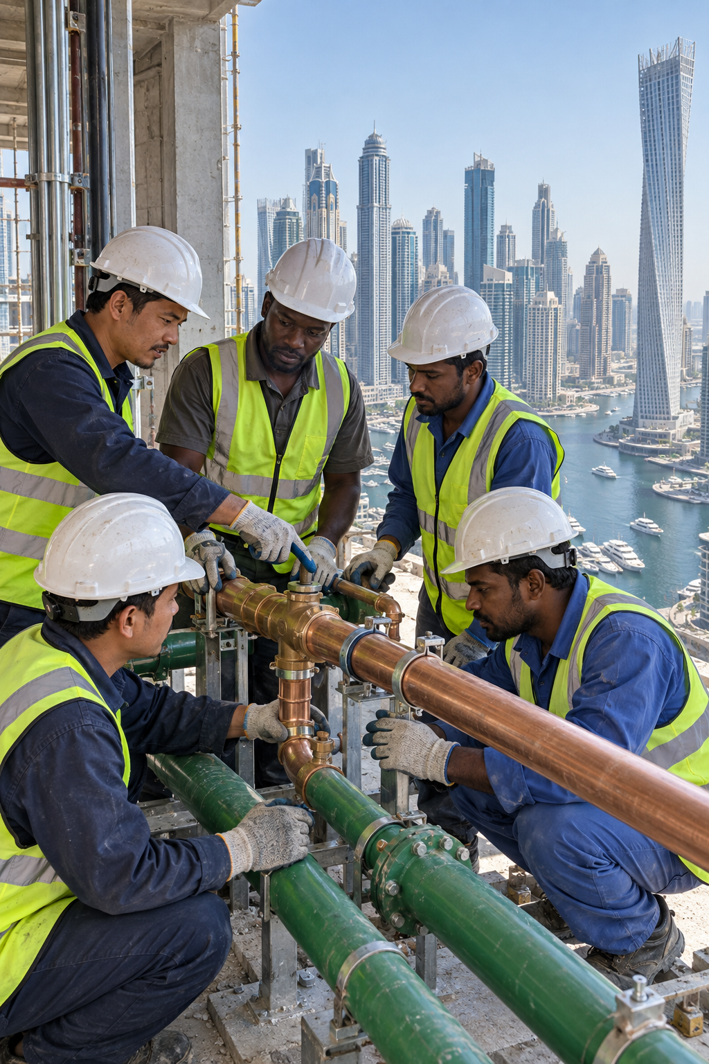Plumbing team installing pipes on a Dubai high-rise site